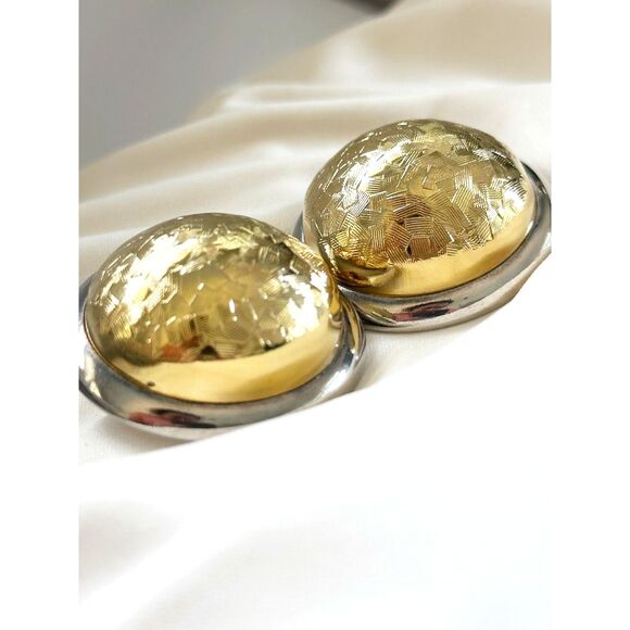 Large Two Tone Gold and Silver Dome Earrings Basketweave Design - Picture 4 of 5